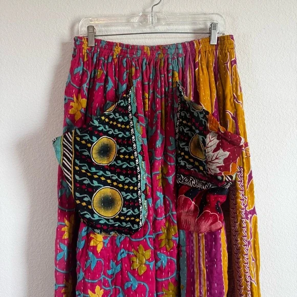 Jaded Gypsy Kantha Patchwork Floral Boho Festival Pockets Maxi Skirt Free Size - Picture 2 of 12